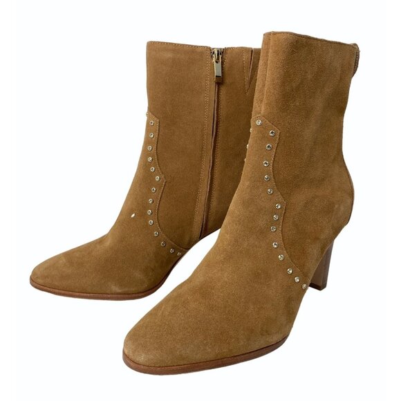 Paige Womens 10.5 Casey Heeled Boots Cognac Suede Rhinestone Ankle - Picture 1 of 10
